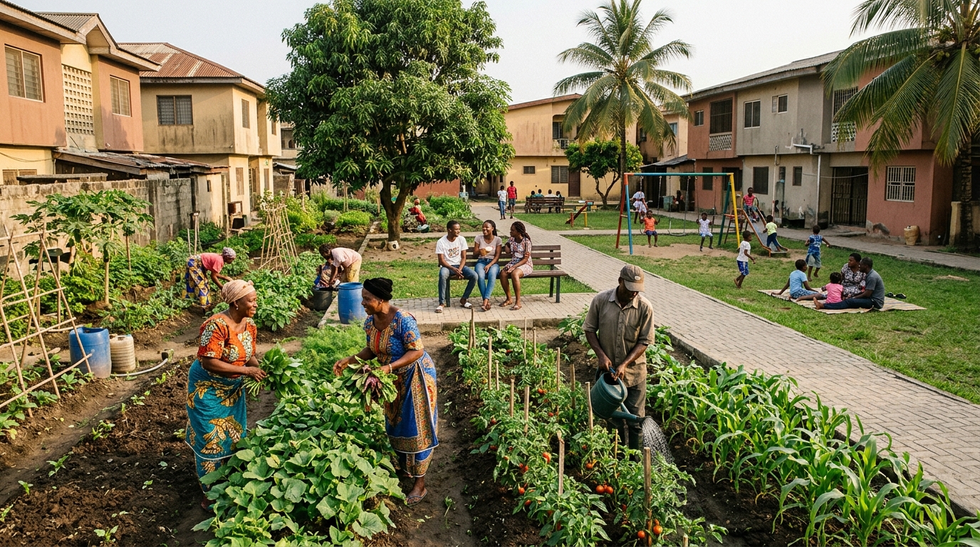 A Nigerian community garden alongside a recreational park