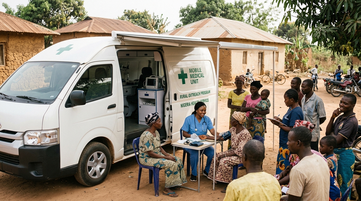A rural mobile clinic providing healthcare to a Nigerian community