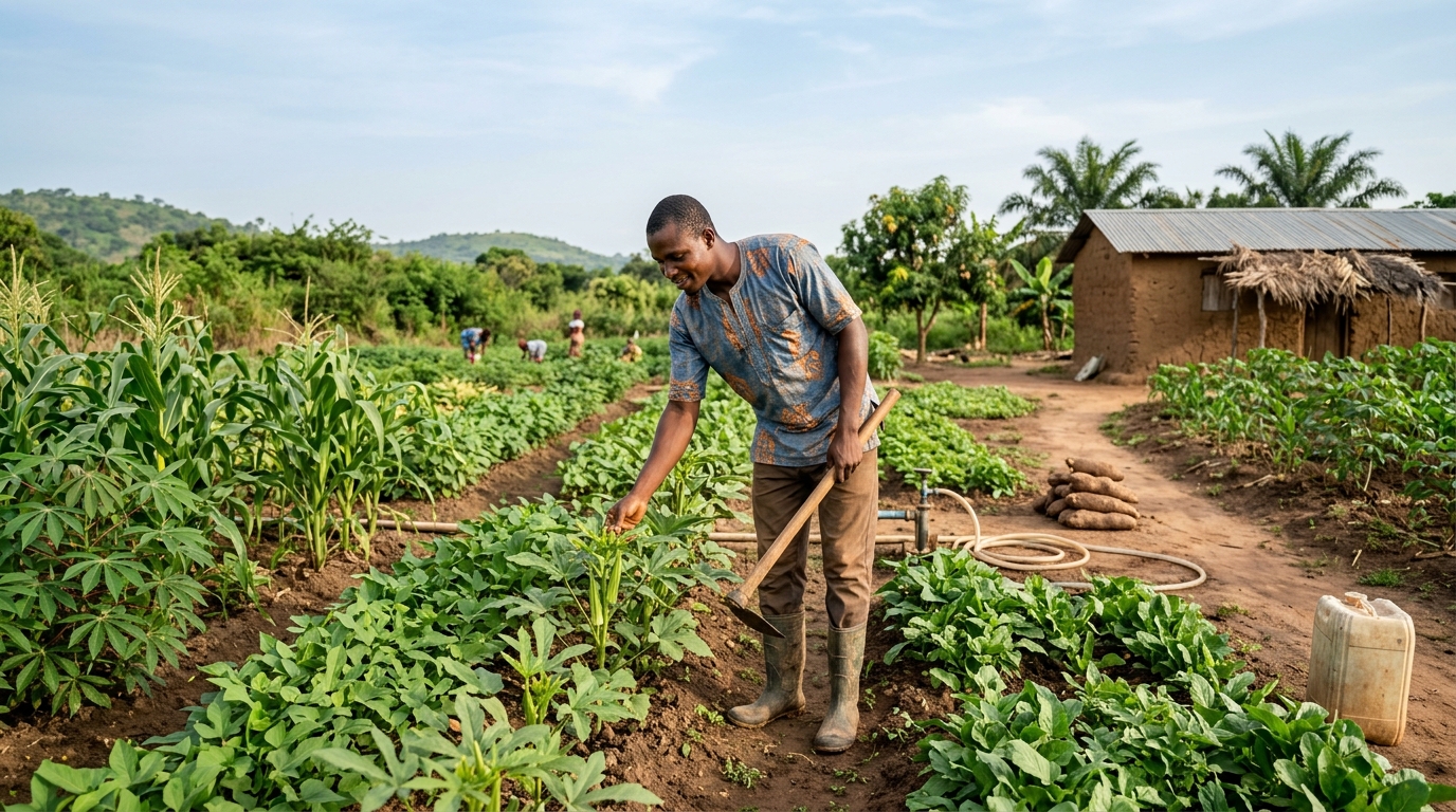 A Nigerian farmer working in a productive crop field